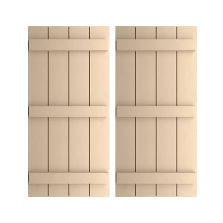 Rustic Four Board Joined Board-n-Batten Smooth Faux Wood Shutters (Per Pair), Primed Tan, 22Wx60H